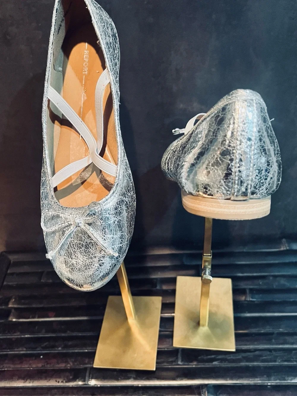 Report Metallic Silver Crackle Ballet Flats with Crisscross Elastic